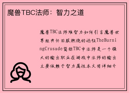 魔兽TBC法师：智力之道
